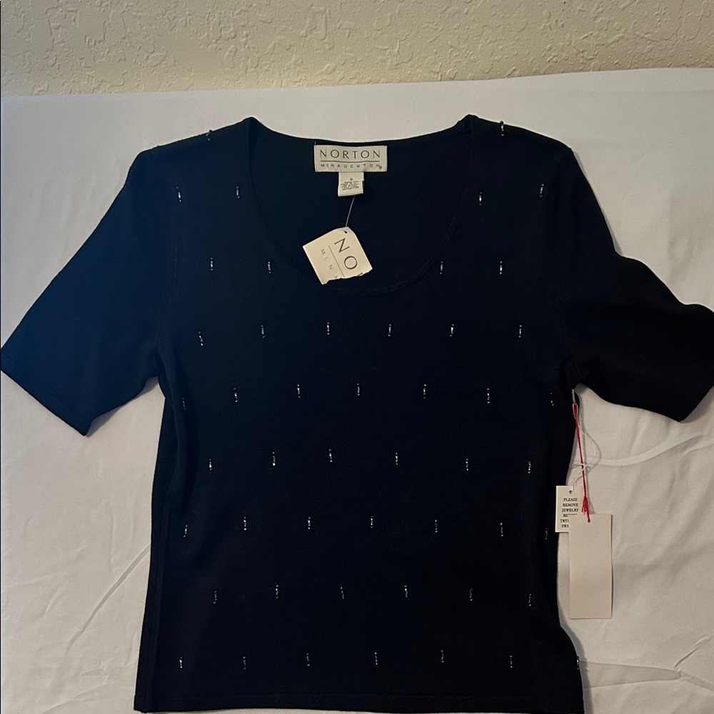 Norton McNaughton Black Short-Sleeve Beaded Knit Top